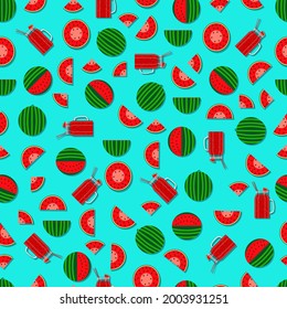 Seamless pattern with watermelon juice in a jar and piece watermelons. Summer fruit juice from watermelons. Watermelon day. Vector illustration isolated on blue background. Seamless background