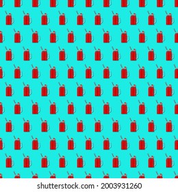 Seamless pattern with watermelon juice in a jar in flat style. Fruit juice from watermelons. Summer dessert. Watermelon day. Vector illustration isolated on blue background. Seamless background