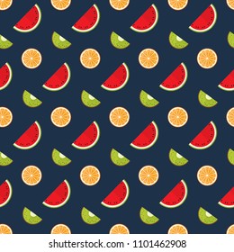seamless pattern watermelon kiwi orange fruit food on blue background vector wallpaper textile giftwrap