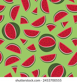 Seamless pattern with watermelon and leaves on a green background.