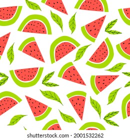 Seamless pattern with watermelon and leaves.Vector illustration with a pomegranate fruit for decorating dresses, clothes, fabrics, wallpapers. Flat doodle style. Hand-drawn. Sweet watermelon for cafe 
