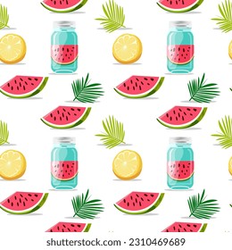 Nahtlose Muster von Watermelon und Lemon infused Water in einem klaren Glas. Ein Glas Wassermelone und ein Stück Zitrone.