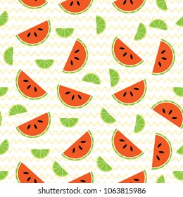 Seamless pattern with watermelon and lime slices. The summer theme. 
Vector. Bright background.
