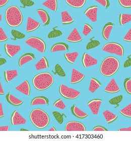 Seamless pattern with watermelon on the blue background.
Slices of watermelons on the blue background.
