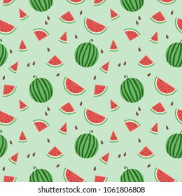 Seamless pattern with watermelon on green background. Cute minimalistic design with fresh watermelon with slice. Flat style vector illustration