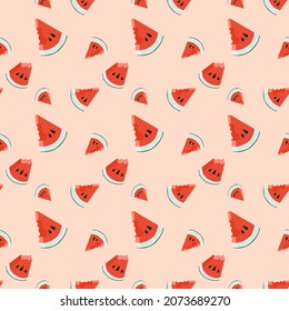 Seamless pattern with watermelon on pastel orange background