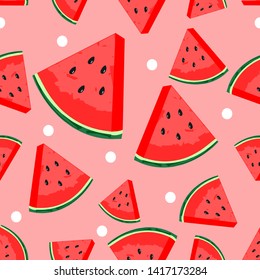 Seamless pattern with watermelon on pink background. fresh fruit vector illustration.