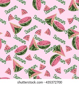 Seamless pattern with watermelon on the pink background with lettering summer
