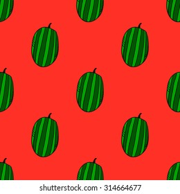 Seamless pattern with watermelon on red background. Cute vector illustration 