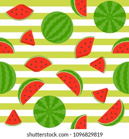 Seamless pattern watermelon on stripe background, summer theme flat design