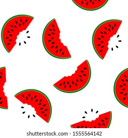 Seamless pattern with watermelon on white background. Summer illustration with colorful cute fruits. Food concept. Vector print for invitation, poster, card, fabric, textile.