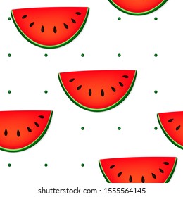 Seamless pattern with watermelon on white background. Summer illustration with colorful cute fruits. Food concept. Vector print for invitation, poster, card, fabric, textile.