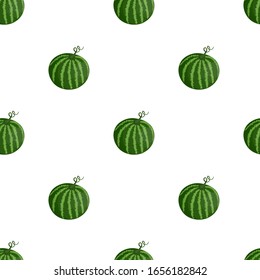 Seamless pattern with watermelon on white background. Summer illustration with colorful cute fruits. Food concept. Vector print for invitation, poster, card, fabric, textile.