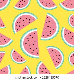 Seamless pattern with watermelon on yellow background. Summer illustration with colorful cute fruits. Food concept. Vector print for invitation, poster, card, fabric, textile. Vector illustration.