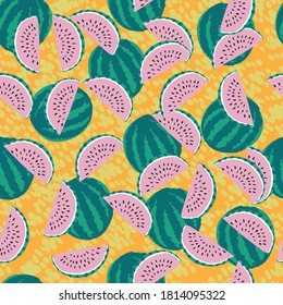 Seamless pattern with watermelon on yellow background. Vector pattern for textile, fabric, clothes, wrapping paper, web, socks and other design.
