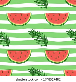seamless pattern of watermelon and palm leaves with colored doodle style