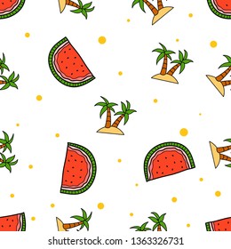 Seamless Pattern of Watermelon and Palm Tree hand drawn in cute colorfull doodle vector