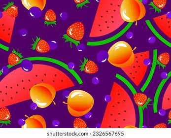 Seamless pattern with watermelon, peach, strawberry, blueberry. Summer exotic fruit mix with gradient colors in 3d style. Design for banners, posters and promotional materials. Vector illustration