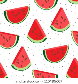 Seamless pattern of watermelon piece and seeds. National Watermelon Day Design. Vector illustration