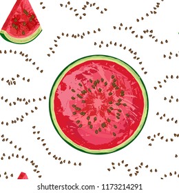  Seamless pattern of watermelon piece and seeds.  Wrapping paper or fabric. National Watermelon Day Design. Vector illustration