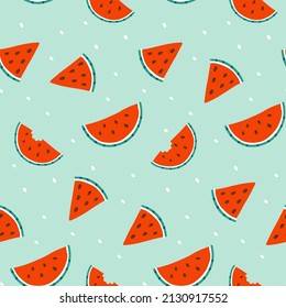 Seamless pattern with watermelon pieces. Colorfull summer backdrop for textile and wrapping paper. Watermelon slices on the green background. Vector flat hand drawn illustration.