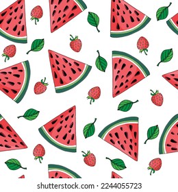 seamless pattern with watermelon pieces, leaves and strawberries