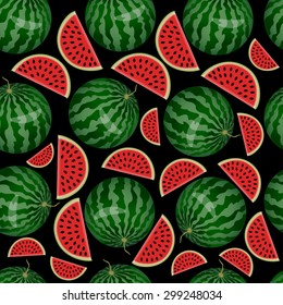 Seamless pattern of watermelon and watermelon pieces on a black background