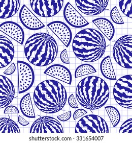 Seamless pattern of watermelon and watermelon pieces on a notebook sheet
