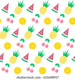 Seamless pattern with watermelon, pineapple, cherry and orange on white background. Cute vector background. Bright summer fruits illustration. Fruit mix design for fabric and decor