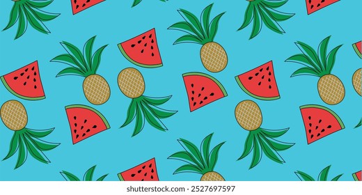 Nahtloses Muster aus Wassermelone und Ananas auf blauem Hintergrund.   Handgezeichnetes Kinderdesign von saftigen Früchten für Stoffdesign, Verpackung, Tapete, Packpapier. Vektorgrafik.