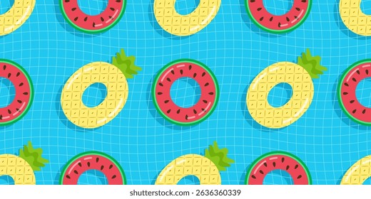 Seamless pattern with watermelon and pineapple swimming rings on a pool background. Flat style illustration for textiles, clothing, packaging, holiday brochure cover.
