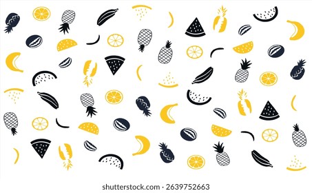 Seamless pattern of watermelon, pineapple, and tropical fruits – flat vector