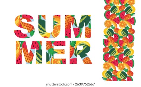 Seamless pattern of watermelon, pineapple, and tropical fruits – flat vector