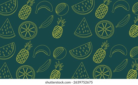 Seamless pattern of watermelon, pineapple, and tropical fruits – flat vector