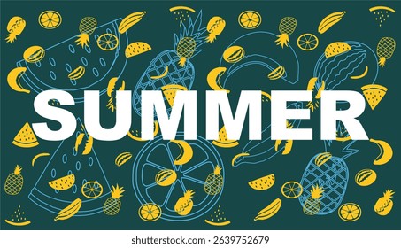 Seamless pattern of watermelon, pineapple, and tropical fruits – flat vector