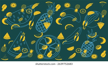 Seamless pattern of watermelon, pineapple, and tropical fruits – flat vector