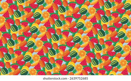 Seamless pattern of watermelon, pineapple, and tropical fruits – flat vector