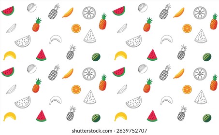 Seamless pattern of watermelon, pineapple, and tropical fruits – flat vector