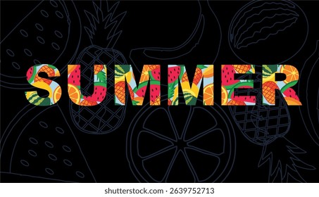 Seamless pattern of watermelon, pineapple, and tropical fruits – flat vector