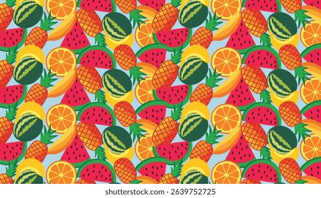 Seamless pattern of watermelon, pineapple, and tropical fruits – flat vector