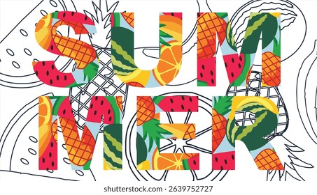 Seamless pattern of watermelon, pineapple, and tropical fruits – flat vector
