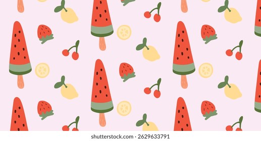 Padrão sem emenda com melancia Popsicle Limão Morango Cereja. Fundo de sobremesa de frutas de verão. Ilustração vetorial para design infantil, embalagem e impressão têxtil.