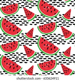 Seamless pattern with watermelon in red and black on white background. Modern style