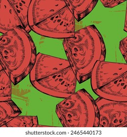 Patrón sin costuras con sandía. Pieza de sandía roja con mordida. Set de Vector de fruta de melón de agua de cóctel en rodajas