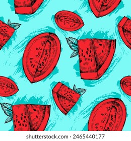 Seamless pattern with watermelon. Red watermelon piece with bite. Sliced cocktail water melon fruit vector set