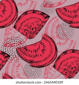 Seamless pattern with watermelon. Red watermelon piece with bite. Sliced cocktail water melon fruit vector set