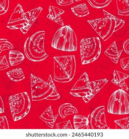 Seamless pattern with watermelon. Red watermelon piece with bite. Sliced cocktail water melon fruit vector set