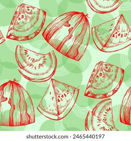 Seamless pattern with watermelon. Red watermelon piece with bite. Sliced cocktail water melon fruit vector set
