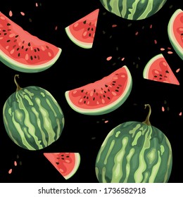 Seamless pattern with watermelon. Ripe watermelon on a black background. Summer berry. Banner, poster, modern textile design, print, wallpaper, wrapping paper. Vector illustration.