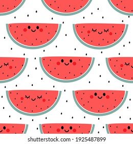 Seamless pattern with watermelon and seeds on white background vector illustration. Cute cartoon fruit.